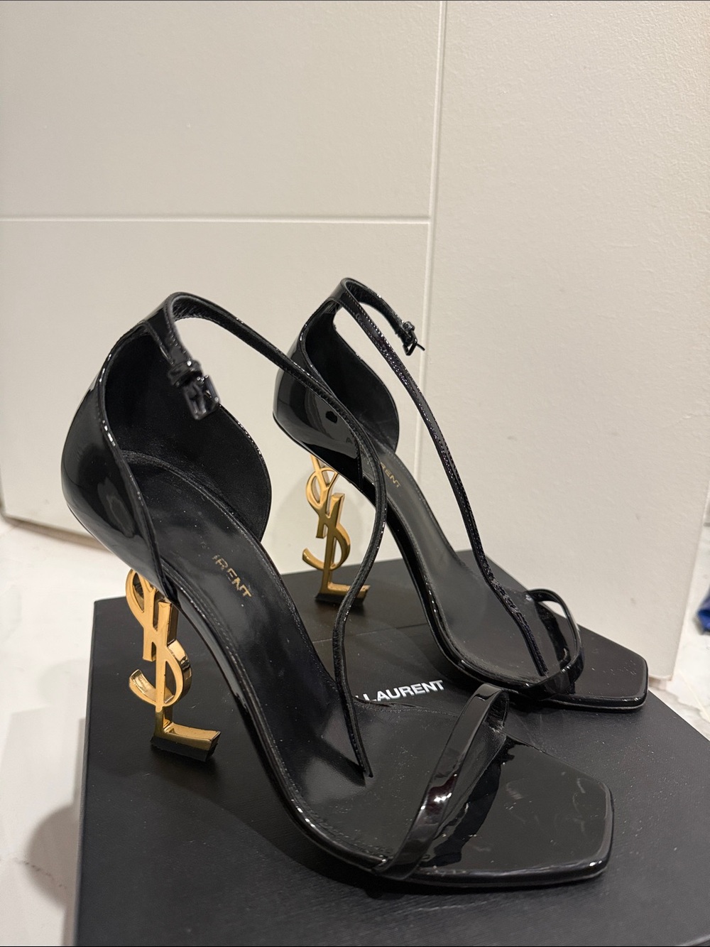 Saint Laurent Black Patent Sandals with Gold YSL Logo Heels